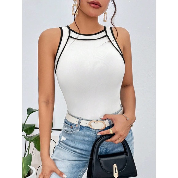 y2k minimalist high neck Contrast Binding Tank Top cream - Picture 9 of 11